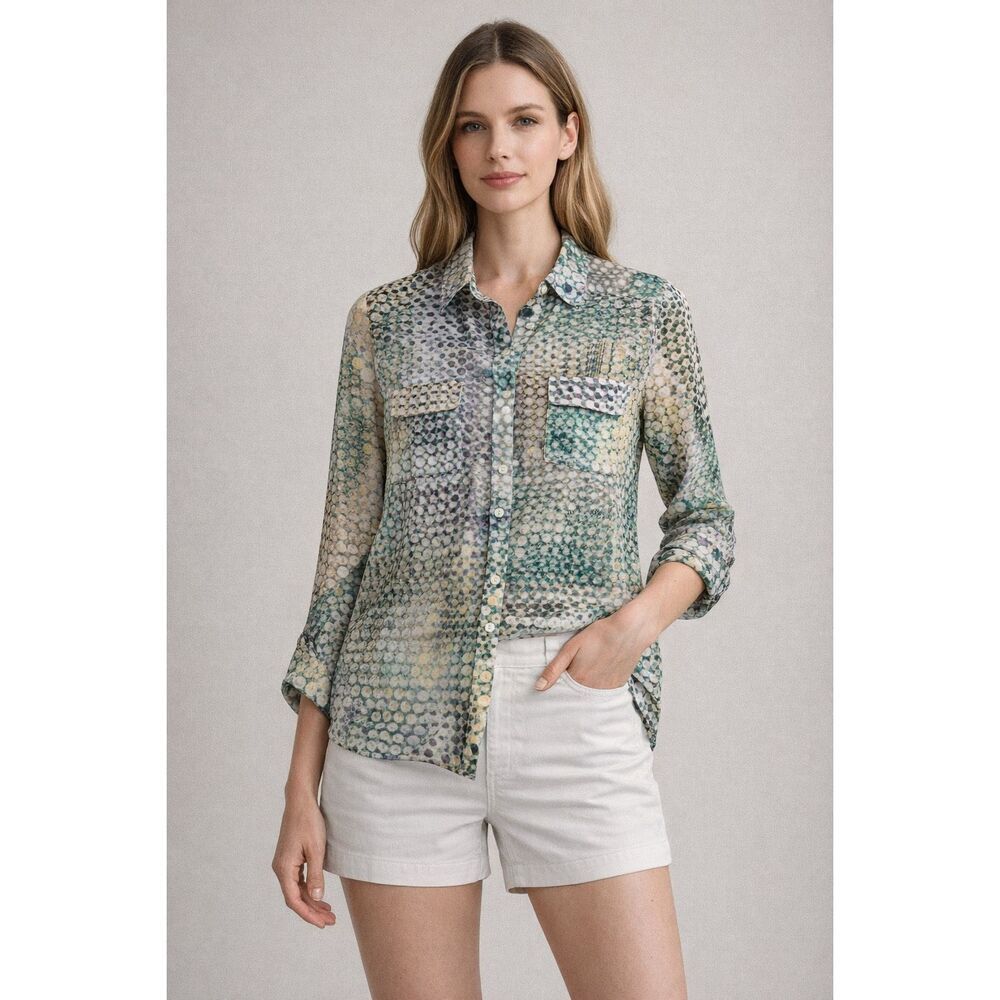 Vintage Nicola Abstract Print Blouse Medium Sheer Button Up Top
